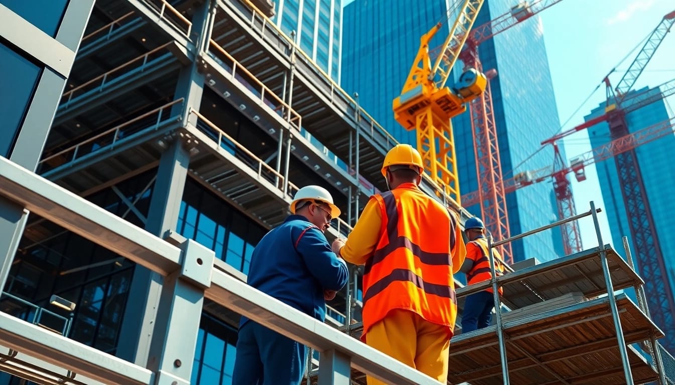 New York General Contractor managing urban construction site with cranes and team in action.