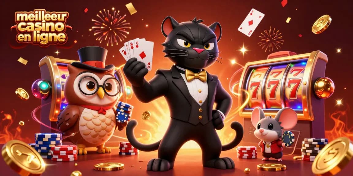 Jouez au meilleur casino en ligne avec des machines à sous et des jeux animés dans une scène festive.