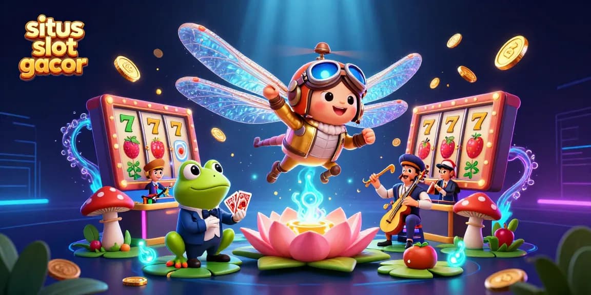 Spin for luck at situs slot gacor with vibrant slot reels, a frog croupier, and dynamic game elements.