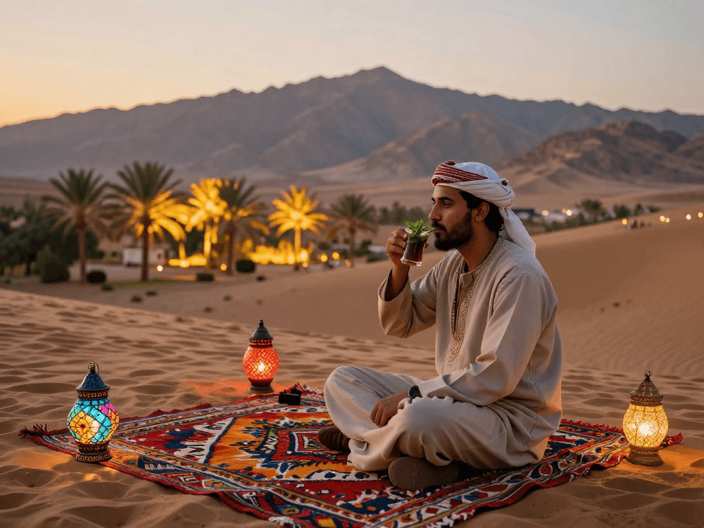 مشهد استكشاف صبابین في واحة صحراوية جميلة خلال غروب الشمس مع متجول يستمتع بشاي النعناع.