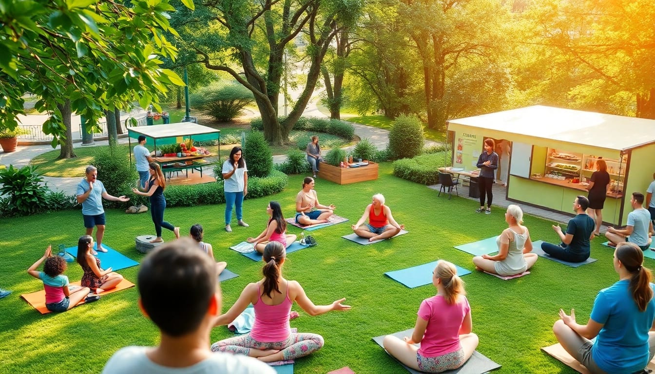 Promoting Health through community wellness activities in a vibrant park setting.