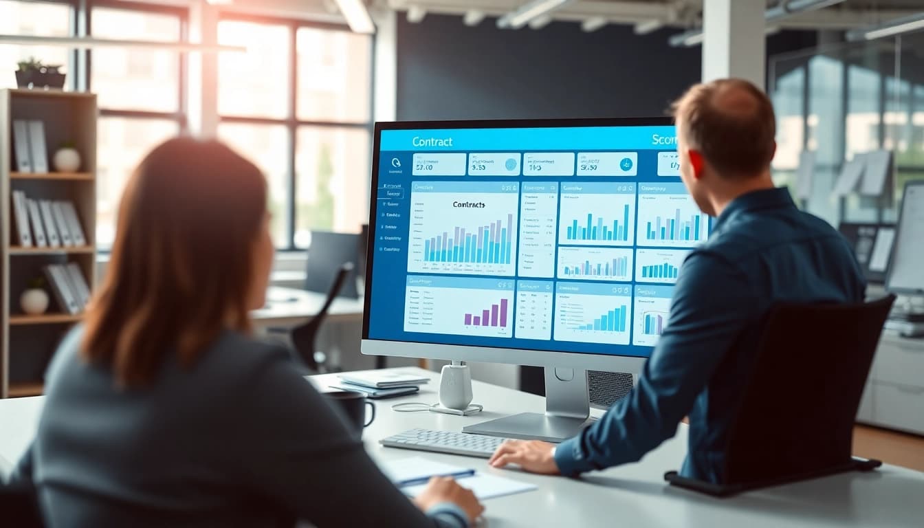 Visual representation of Contract Management process with a professional contract management dashboard in a modern office.