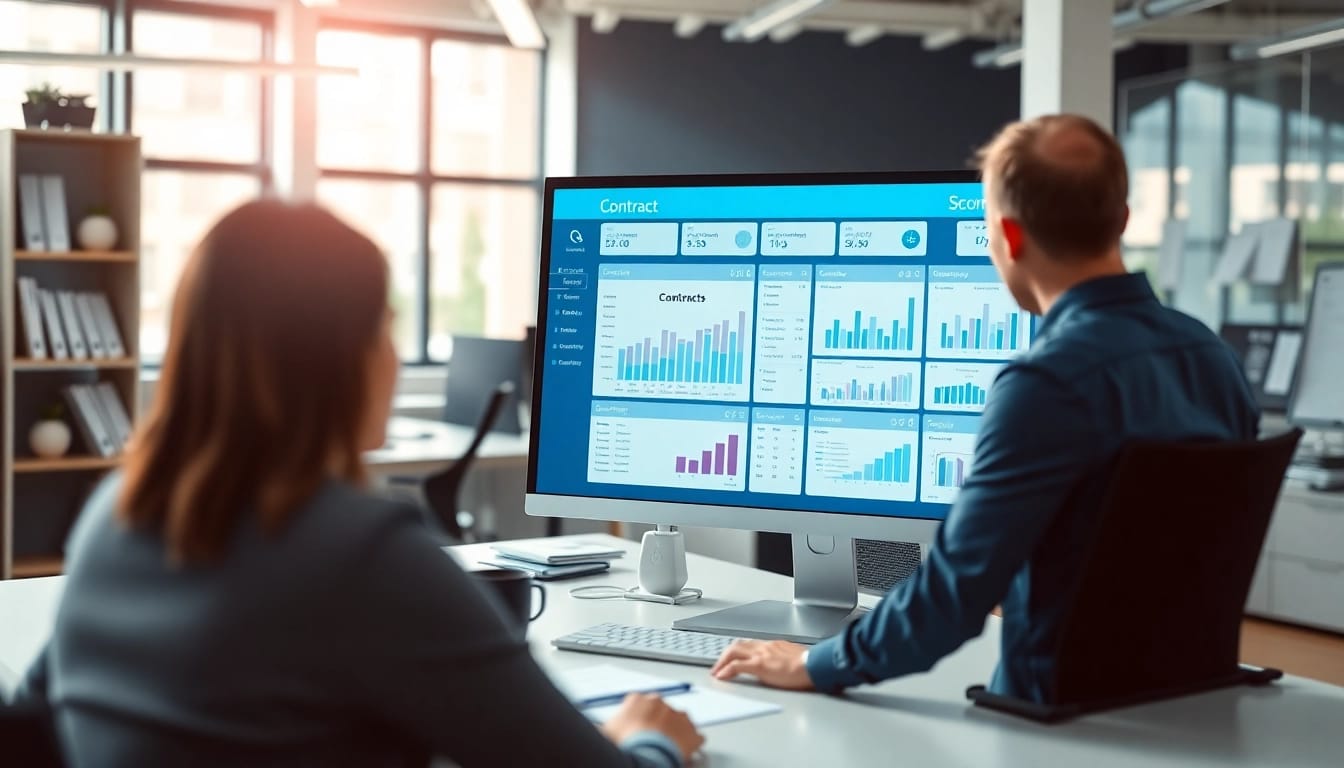 Visual representation of Contract Management process with a professional contract management dashboard in a modern office.