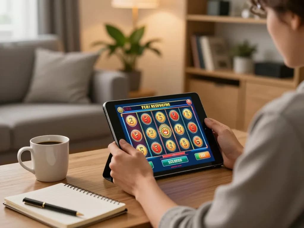 Playing สล็อตวอเลท on a tablet in a cozy home environment with notes and coffee.