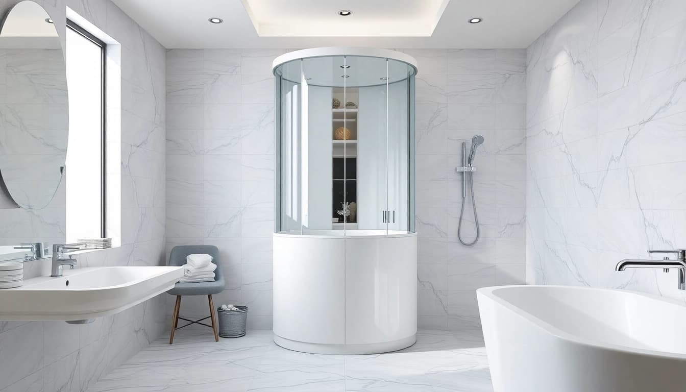 Die sonni Duschkabine im eleganten Badezimmerdesign bietet eine stilvolle Duscherfahrung.