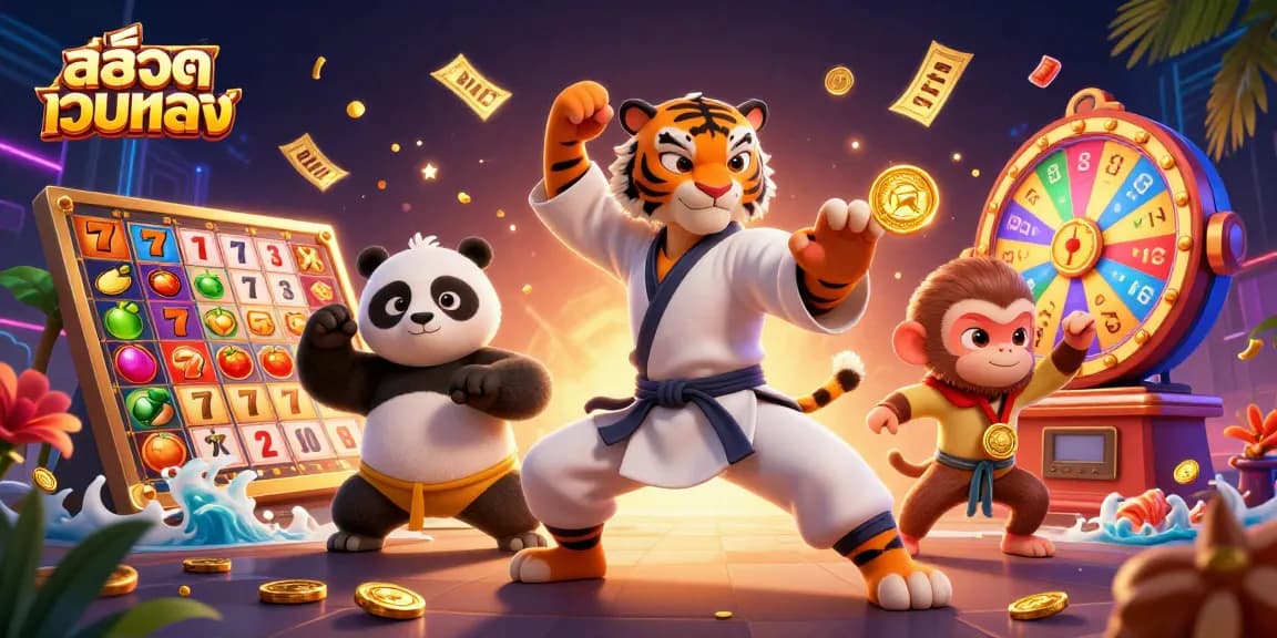 Engage with สล็อตเว็บตรง in a vibrant casino scene featuring thrilling slot elements and colorful characters.