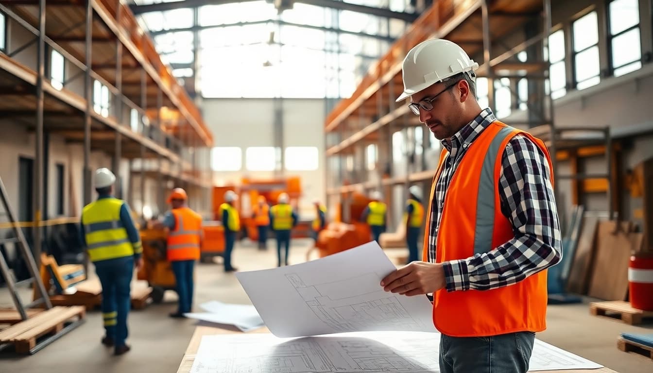 New Jersey Construction Manager analyzing plans amid a bustling construction site environment.