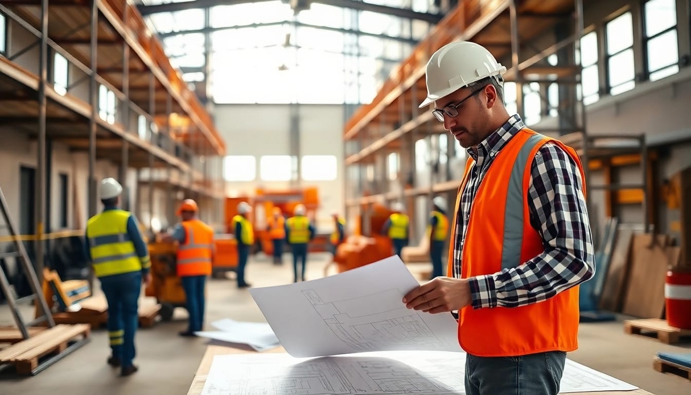 New Jersey Construction Manager analyzing plans amid a bustling construction site environment.