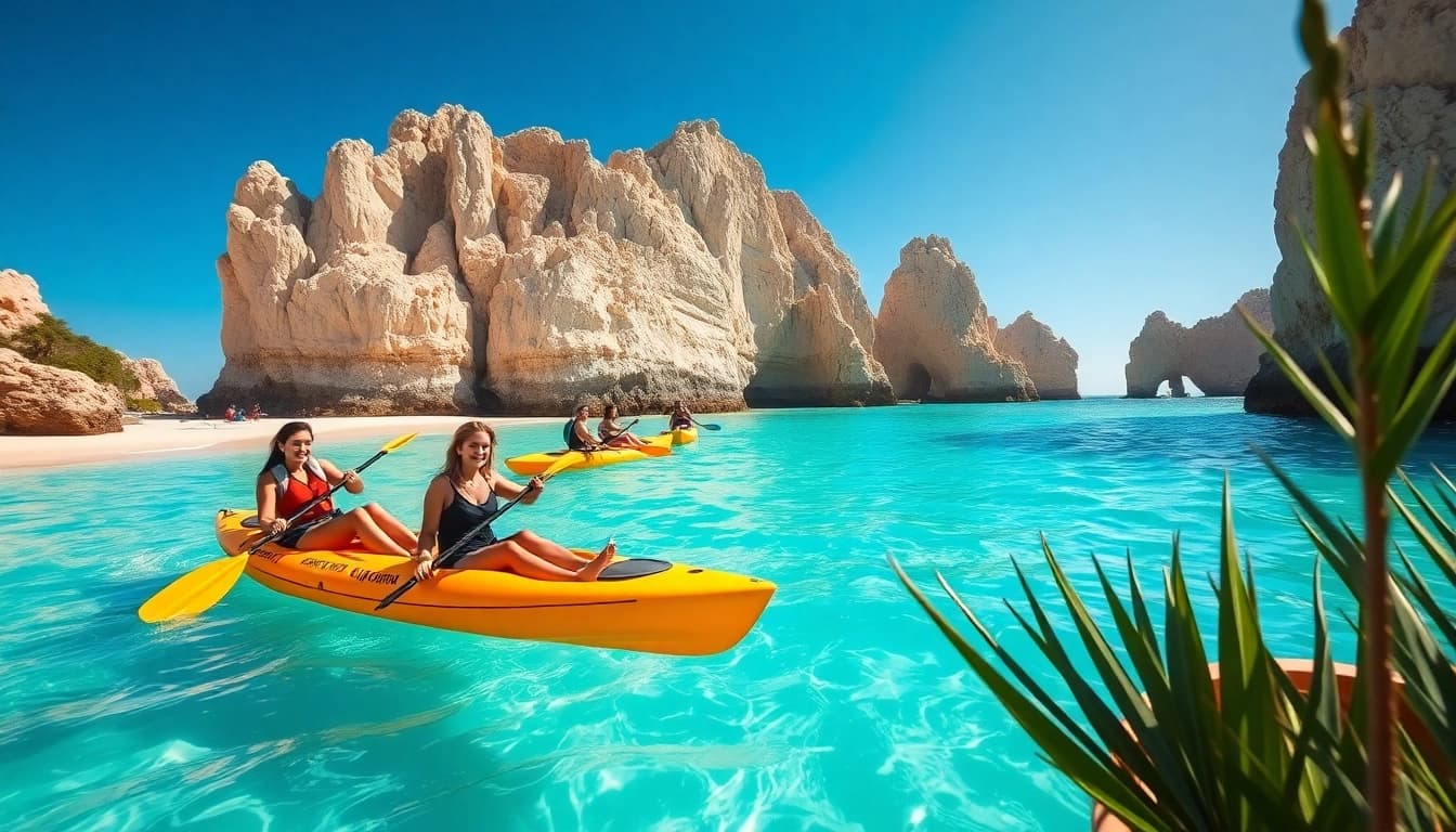 Experience Cabo adventure tours with kayaking in crystal-clear waters, showcasing breathtaking views.