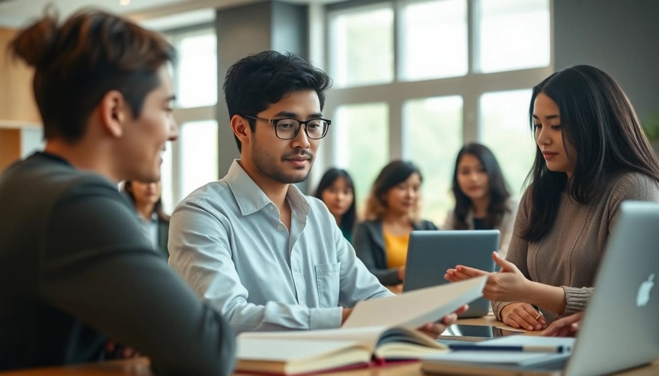 Engage with TOEIC test takers for hire collaborating in a professional training environment.