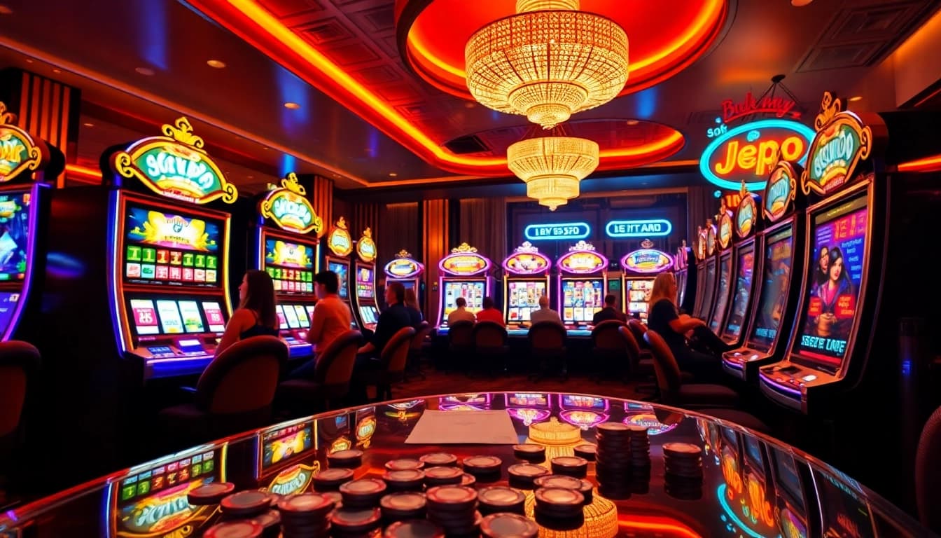 Pemain menikmati keseruan slot Depo 1K di kasino mewah dengan mesin slot yang berwarna-warni.