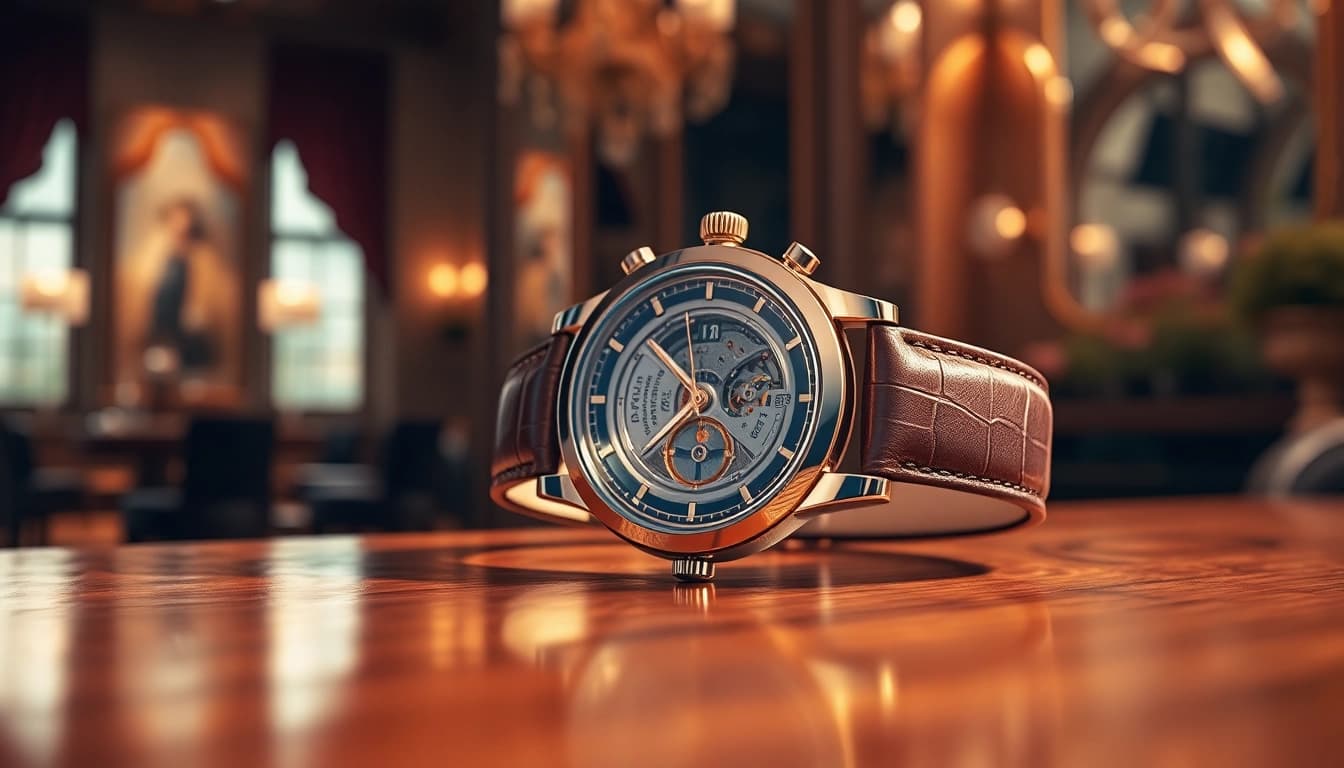Showcase of a finely detailed replica watch with a luxurious design on a wooden surface.