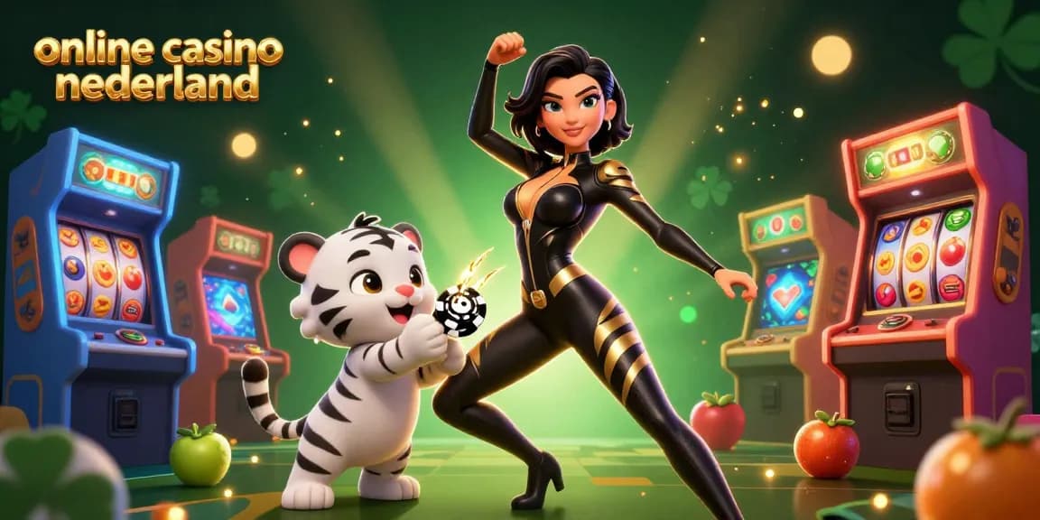 Engaging scene of online casino nederland with a dynamic acrobatic woman and a playful tiger amidst vibrant gaming elements.