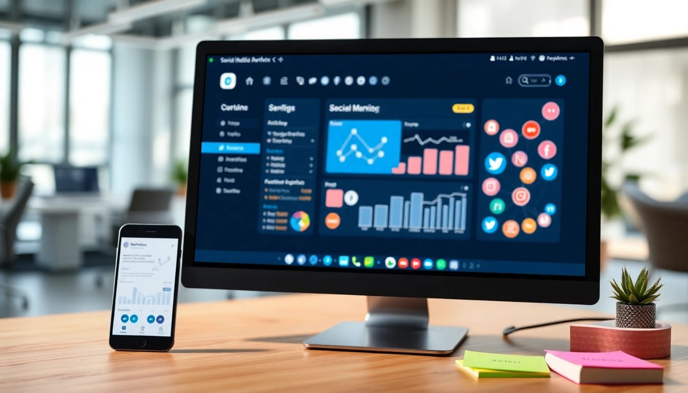 Showcasing the best smm panel on a modern workstation with vibrant social media icons.