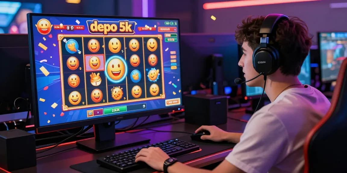 Engaged player enjoying slot depo 5k game with vibrant graphics and digital rewards notifications, showcasing the thrill of online gambling.