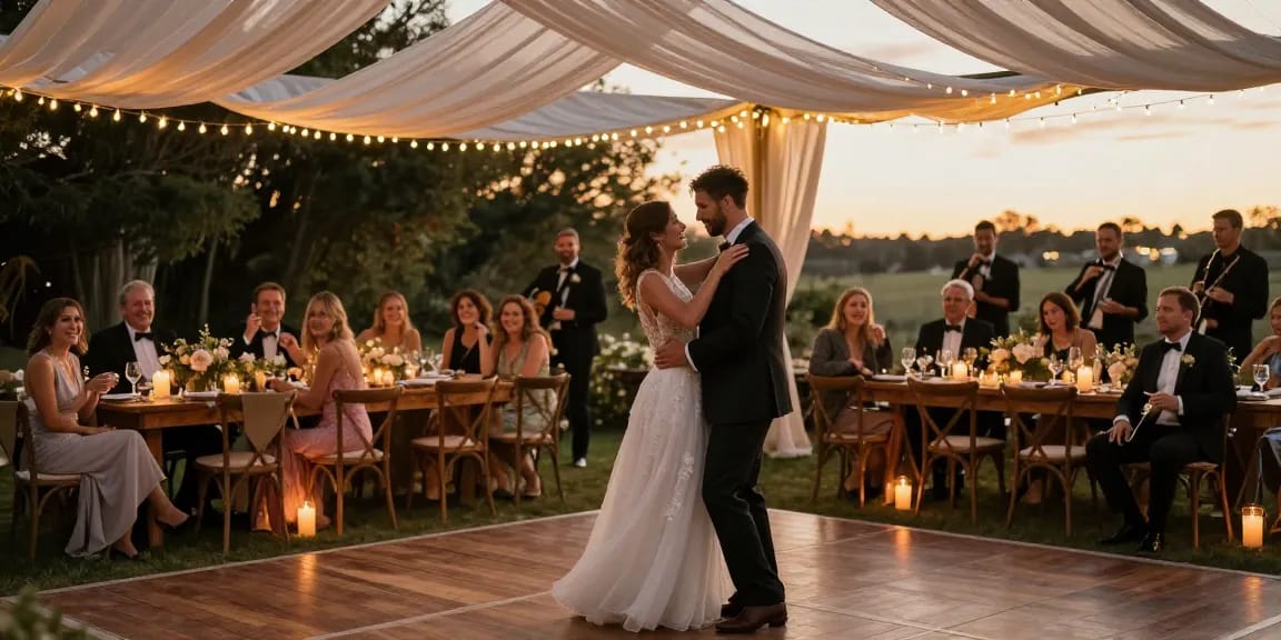 Hochzeit DJ Brandenburg bei romantischem Empfang mit tanzendem Paar unter Lichtern.
