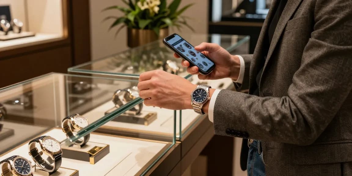 Replica watch enthusiast admiring craftsmanship in a chic boutique.