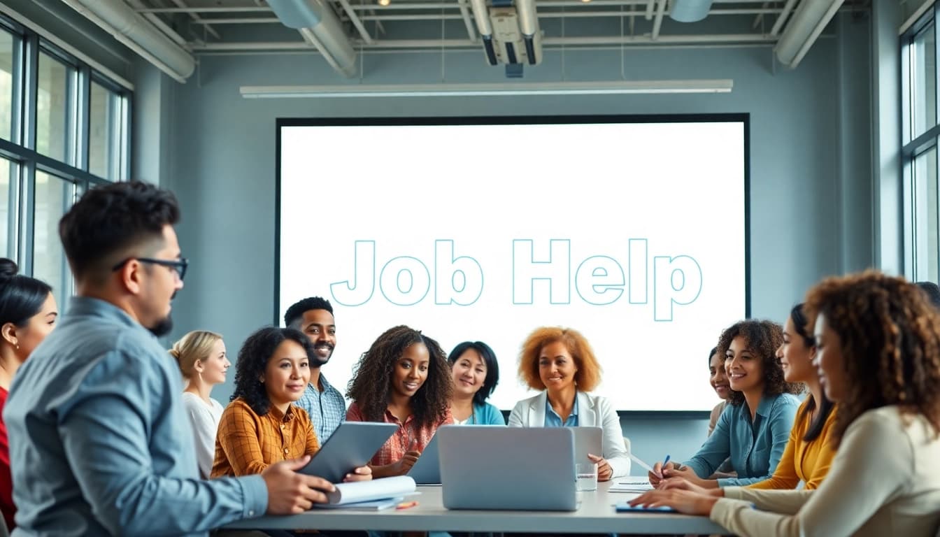 Engaging job help workshop scene with diverse participants and a facilitator.