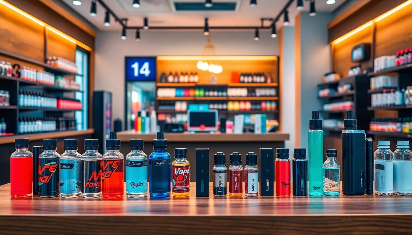 Showcase of Vape Juice Depot's premium vape products in a modern shop, highlighting e-liquids and devices.