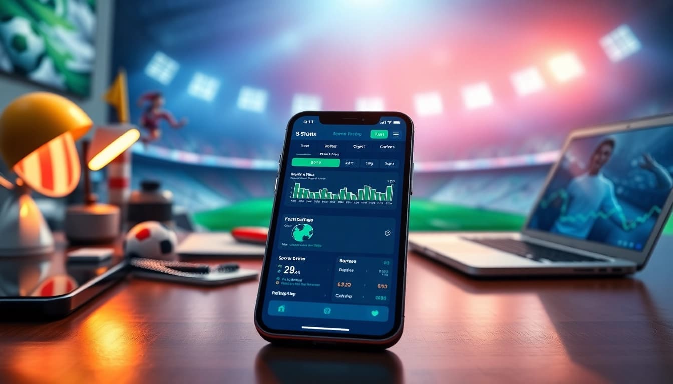 Engaging sports betting apps South Carolina interface displayed on a smartphone against a dynamic sports background.