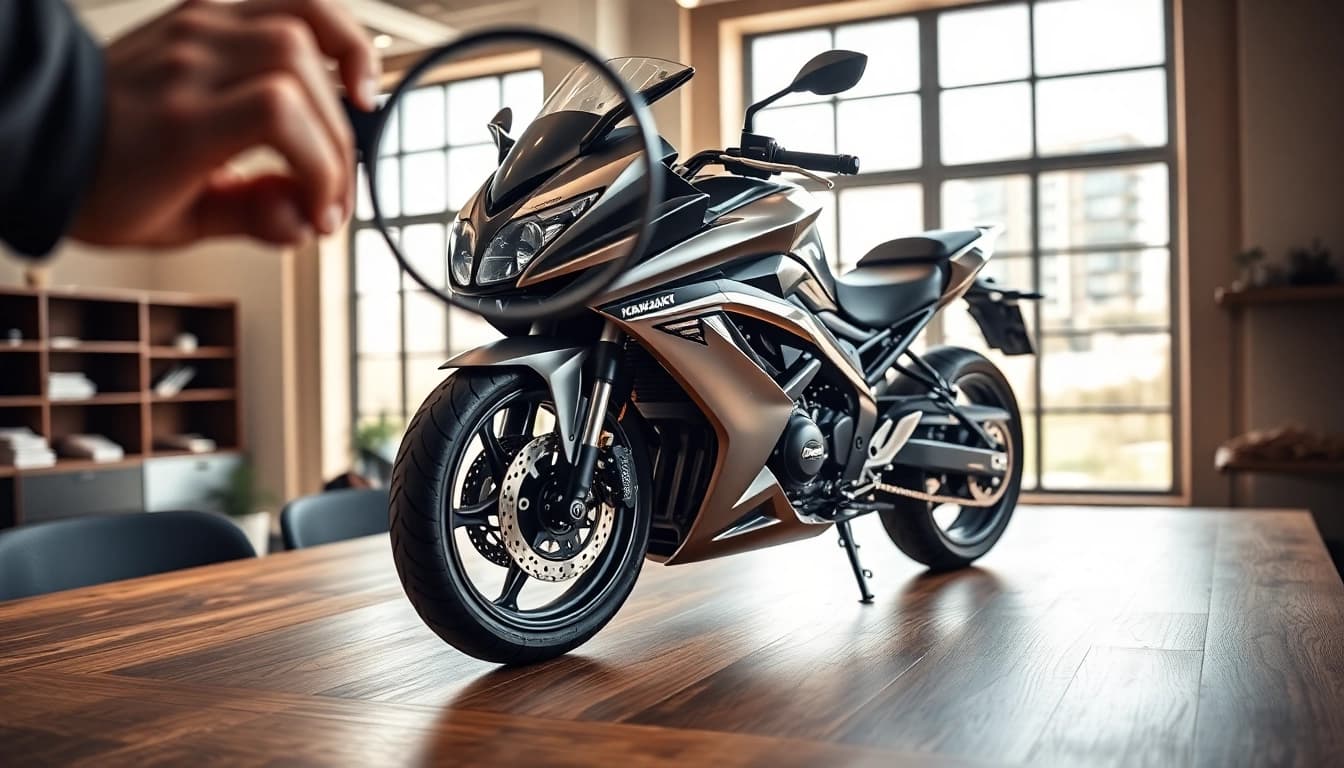 Motorrad bewerten kostenlos: Detaillierte Bewertung einer Kawasaki auf einem Holztisch.