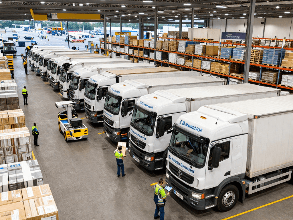 LKW Spedition Dortmund: Logistische Aktivitäten in einem modernen Verladekreis mit transportierenden LKWs.