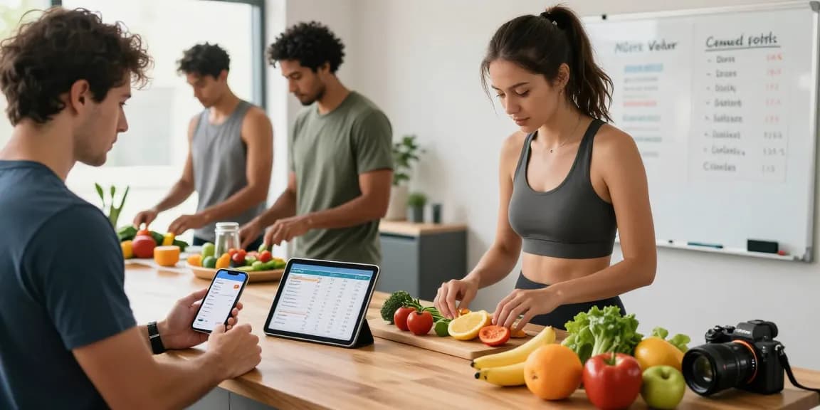 Individuals tracking their macros using the best AI macro tracker app in a vibrant fitness studio during meal prep.