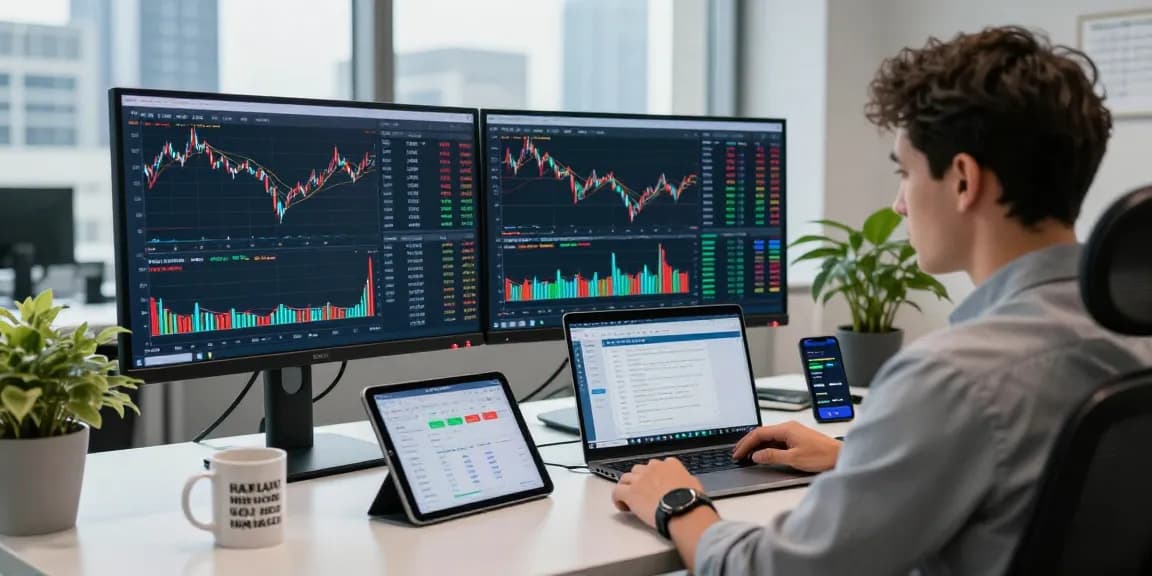 Trader analyzing financial markets with MetaTrader 5 at a modern workspace