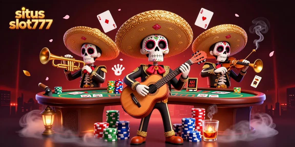 Engage with situs slot777 in a vibrant 3D illustration of a mariachi band amidst dynamic casino action.