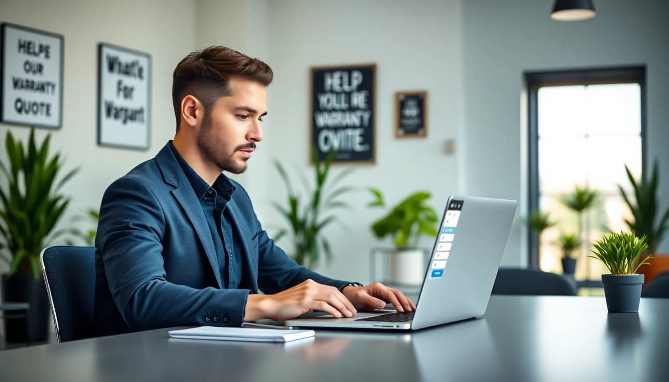 Request an online warranty quote while working in a modern office setting.