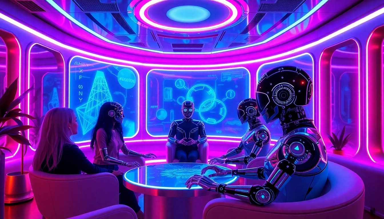 Vibrant futuristic digital lounge showcasing sex chat ai interactions with lifelike avatars.