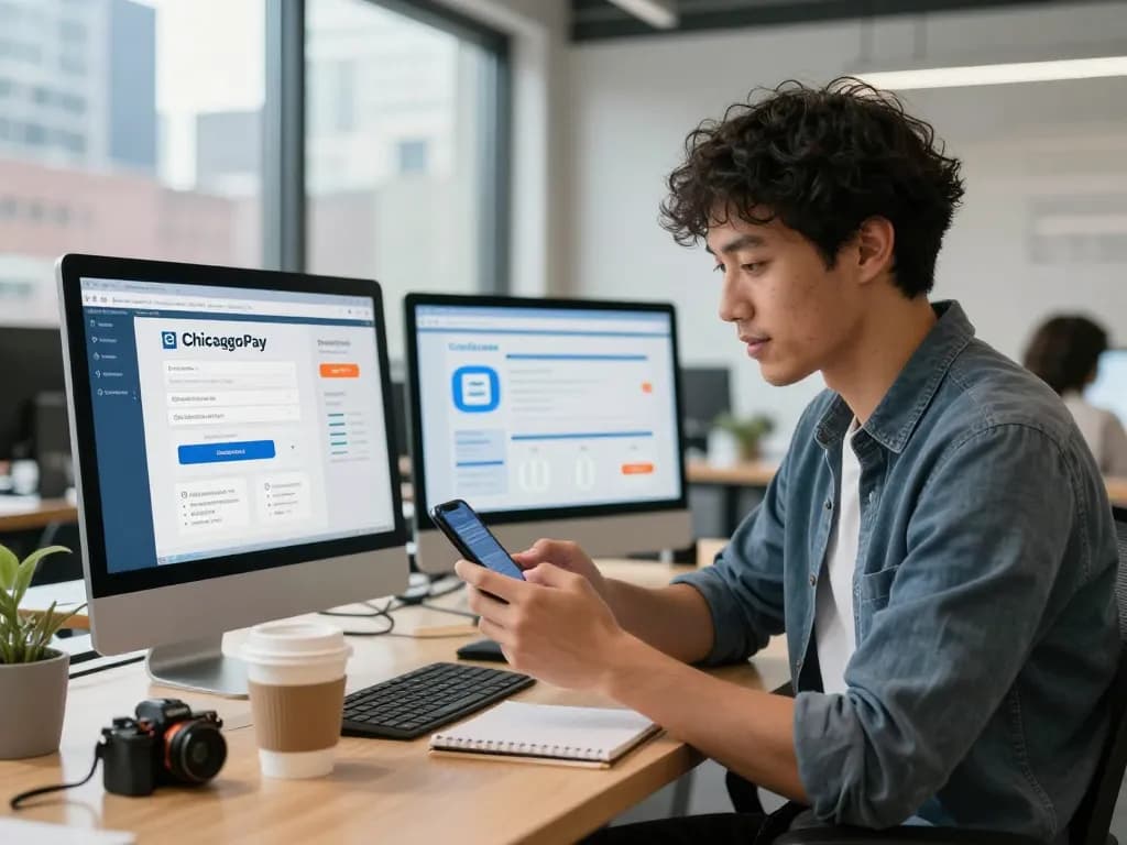 ChicagoPay cash conversion service being accessed by a young professional in a modern financial workspace.