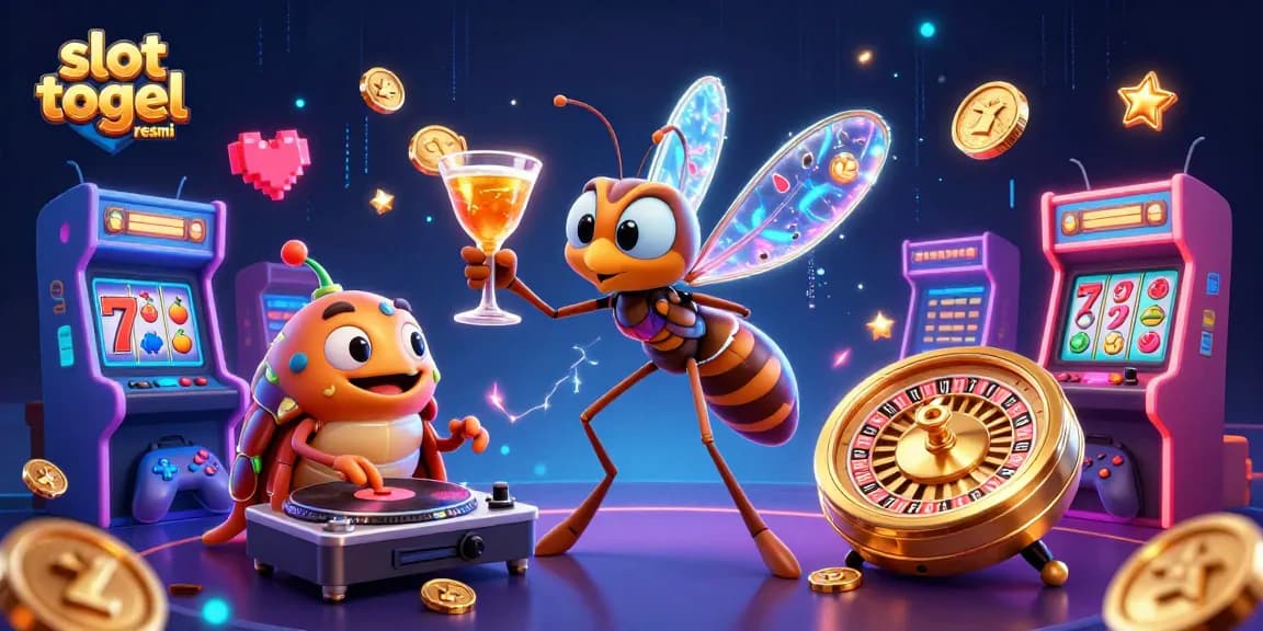 Engage with slot togel resmi as the 3D cartoon mosquito mascot holds a cocktail in a vibrant casino scene.