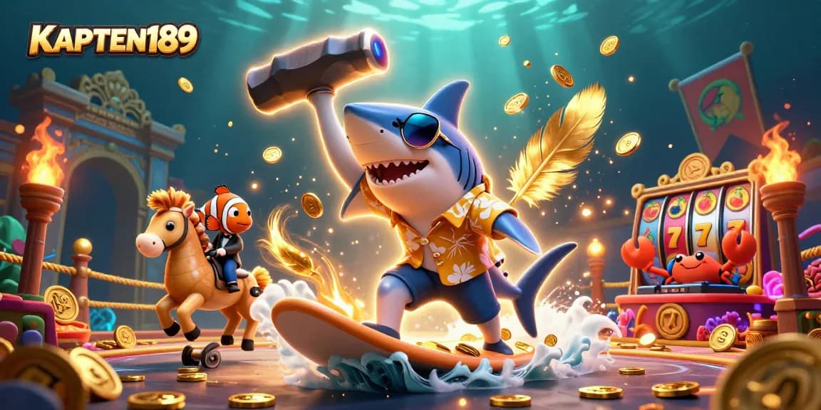 KAPTEN189 memukau dengan ilustrasi 3D karakter ikan hiu berselancar di tumpukan koin emas, menciptakan suasana kasino yang unik.