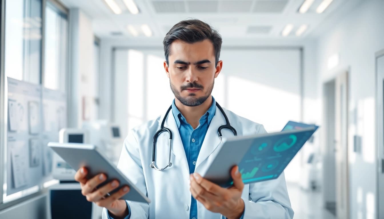 Analyze health data with a focused doctor using digital tools in a bright clinic.