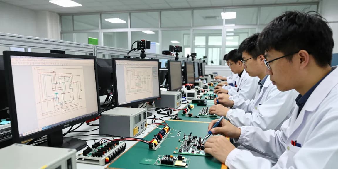 Engineers examining wire connectors terminals in a professional electronics manufacturing setup.