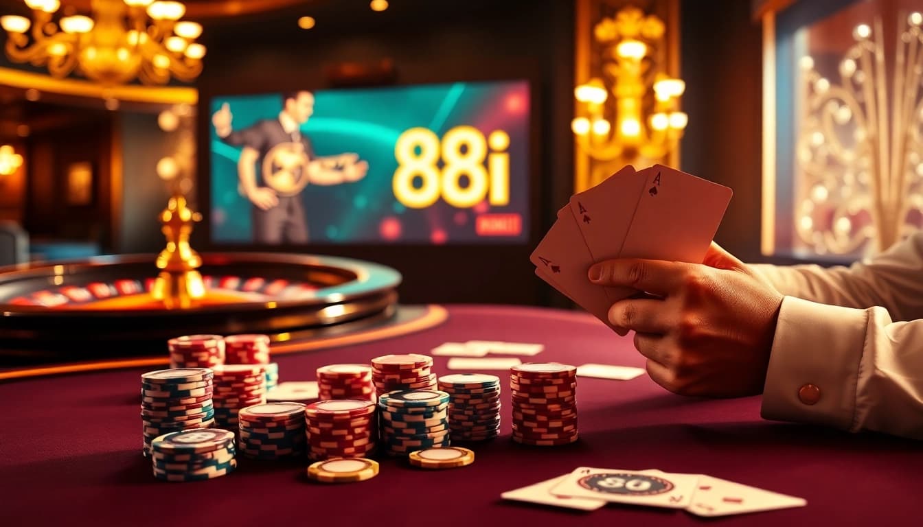 Engaging poker scene featuring 88i with luxurious chips and cards, highlighting the thrill of high-stakes gambling.