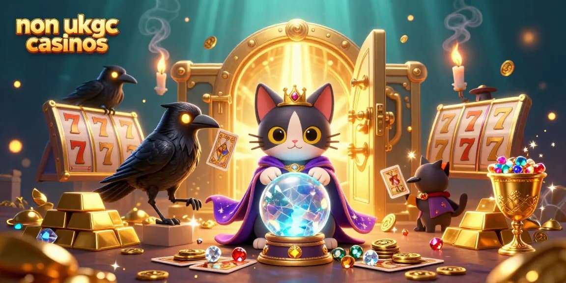 Engaging illustration showcasing non ukgc casinos with a mystical cat, raven, and treasure elements.
