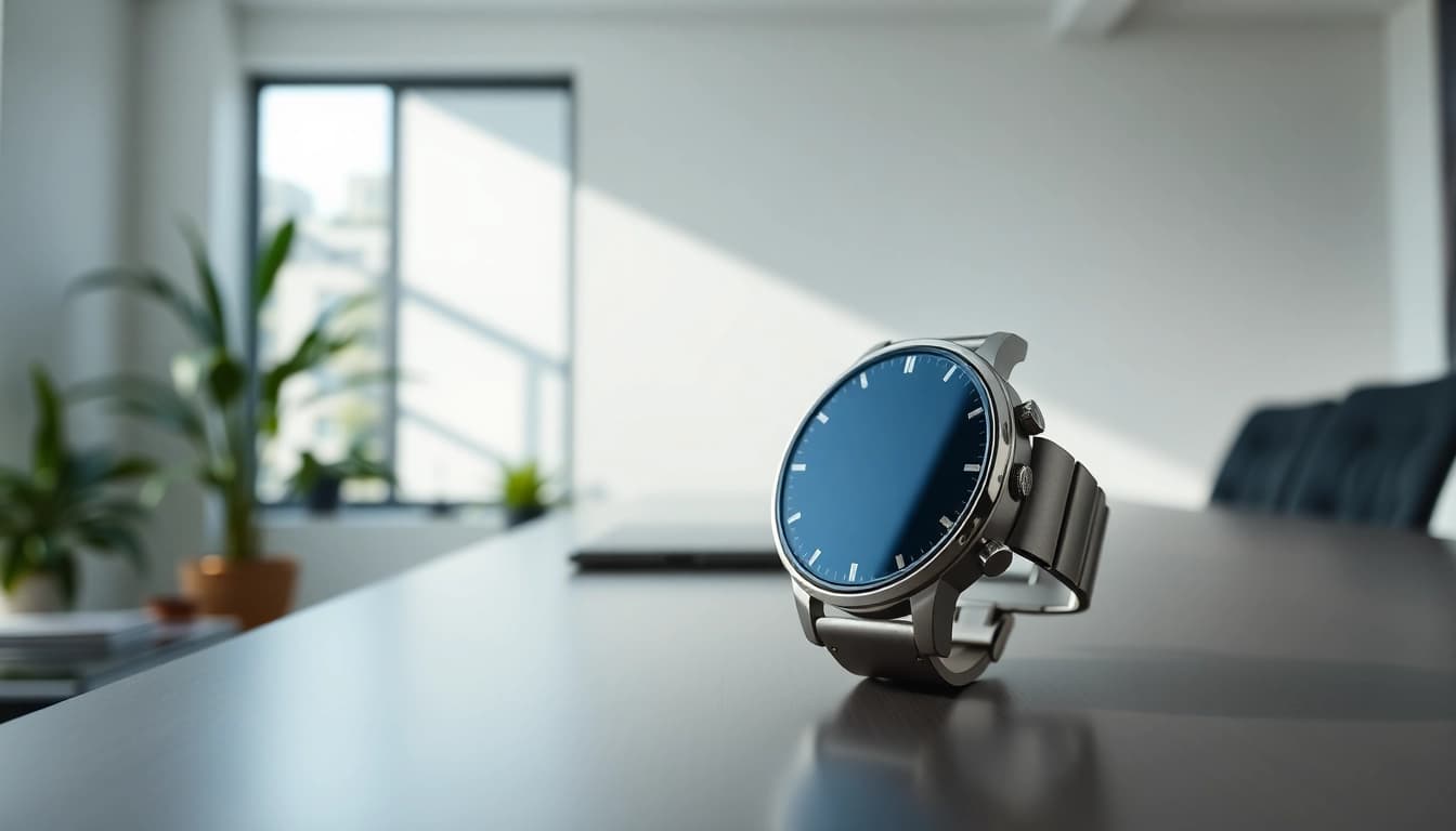 Engaging image of a Finesse Smart Watch resting on a contemporary desk, embodying sophistication.