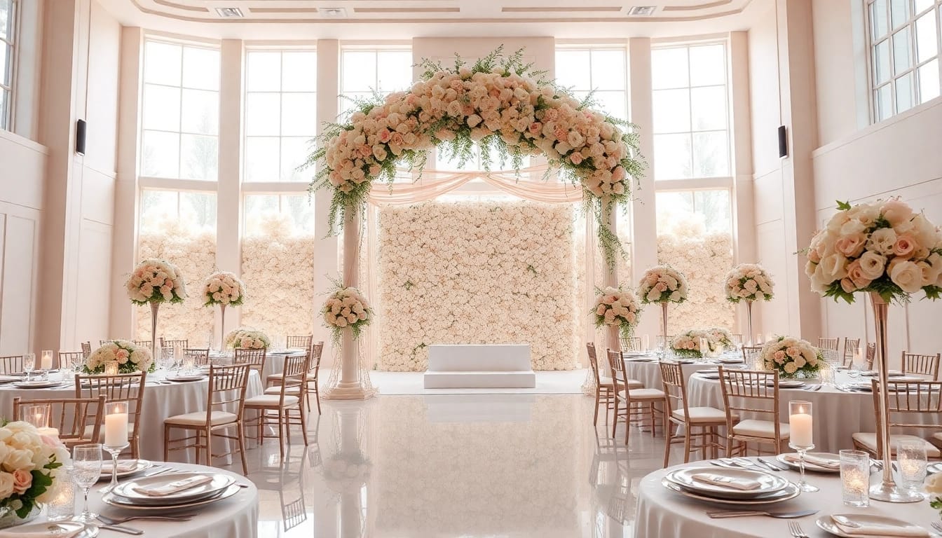 Stunning wedding event space Jacksonville showcasing a floral adorned ceremony arch and elegant table settings.