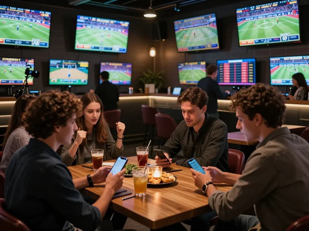 Experience sports thrills with kèo nhà cái 5 in a vibrant betting lounge filled with fans.