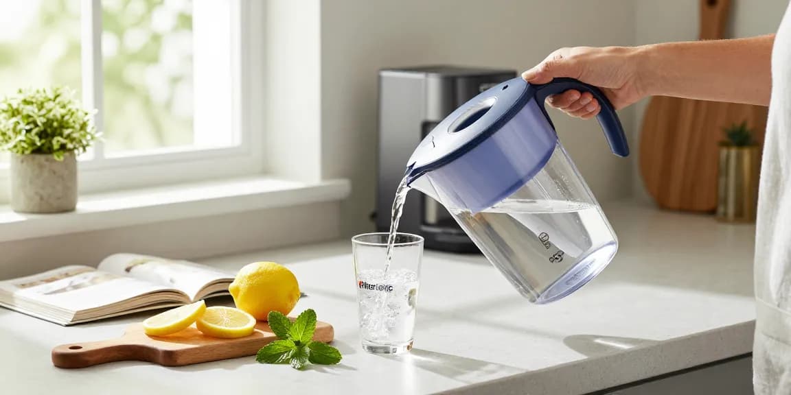 Filterlogic NSF Certified Pitcher Water Filter in action, pouring fresh water into a glass, surrounded by fruit and herbs, emphasizing healthy hydration.