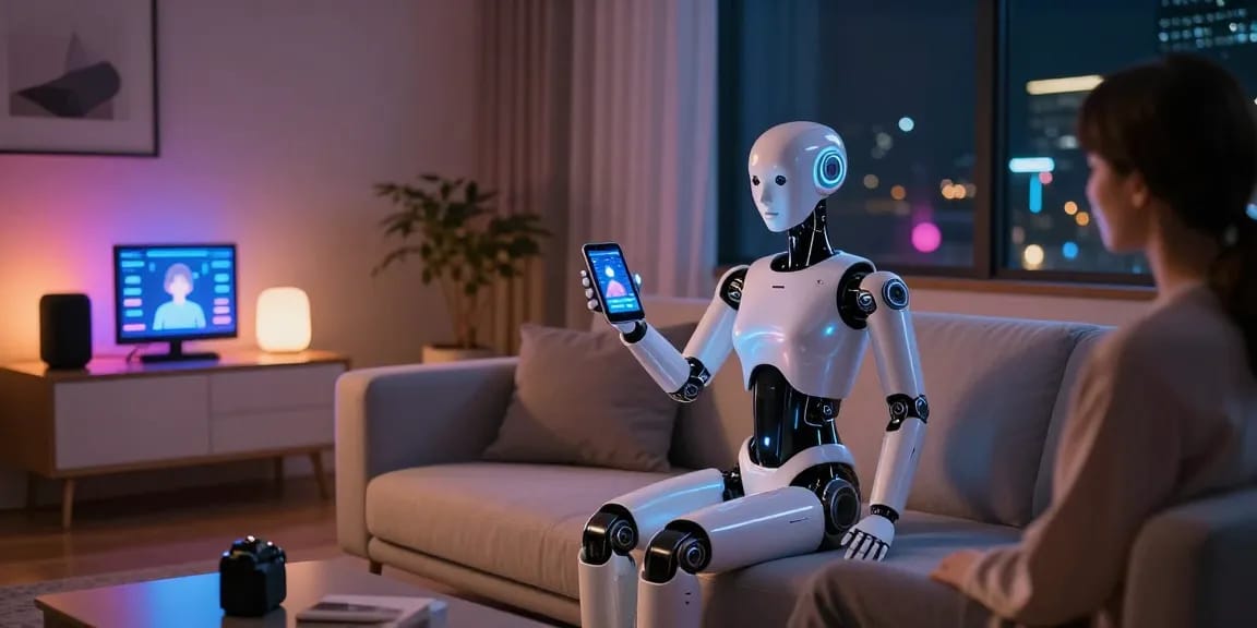 Engaging interaction with a futuristic sex bot in a modern living space.