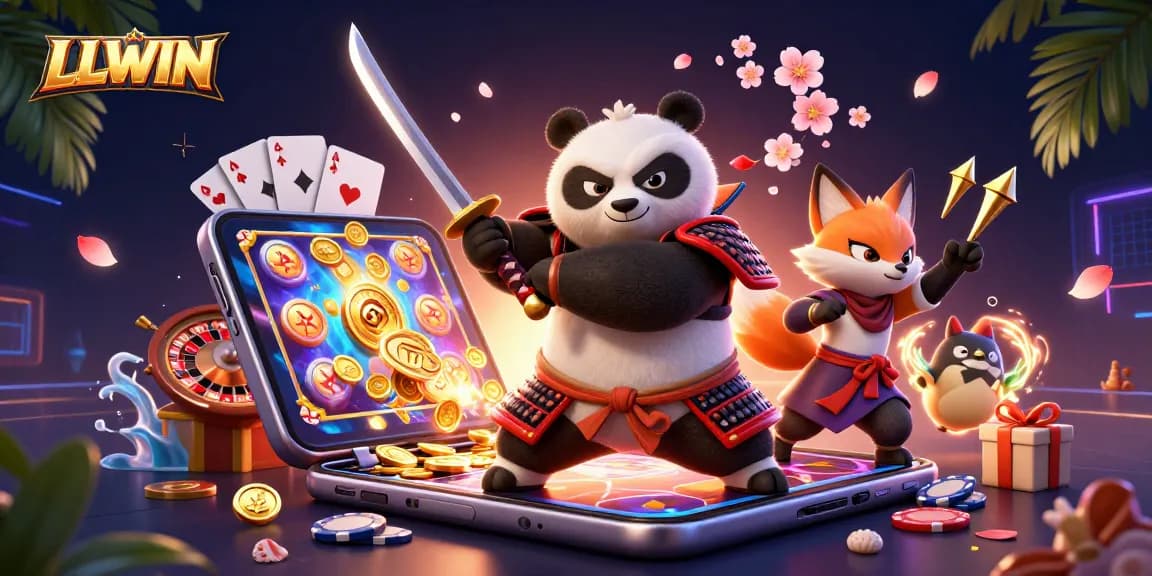 Experience the thrill of LLWIN with a dynamic casino scene featuring a samurai panda, ninja fox, and magical tanuki.