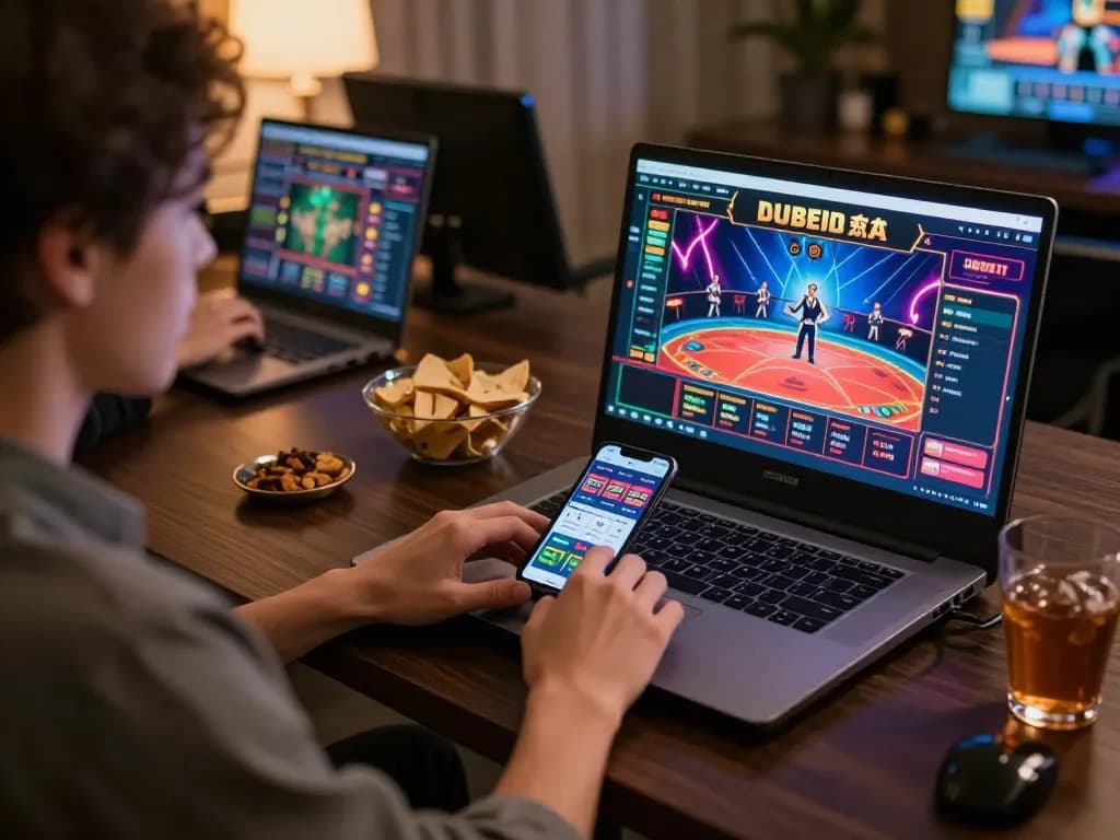 3win actor participating in online casino gaming with multiple screens and an immersive setup