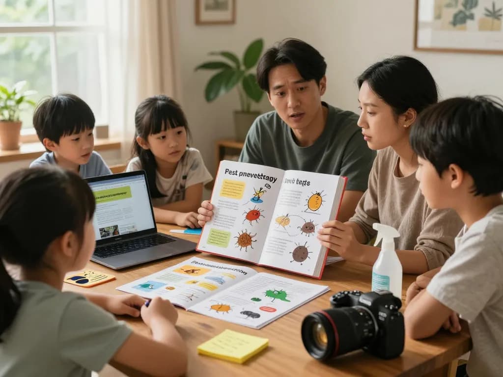 Pest prevention strategies discussed by a family around the table with charts and guides.
