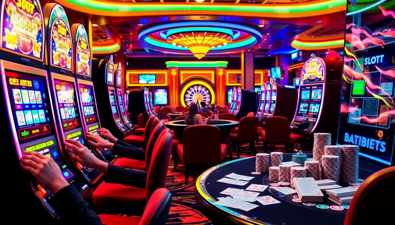 Pengalaman seru bermain slot deposit pulsa tanpa potongan di kasino yang hidup dengan mesin berwarna-warni dan taruhan.