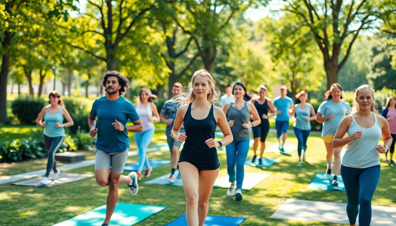 Promoting health through community activities like yoga and jogging in a vibrant park setting.