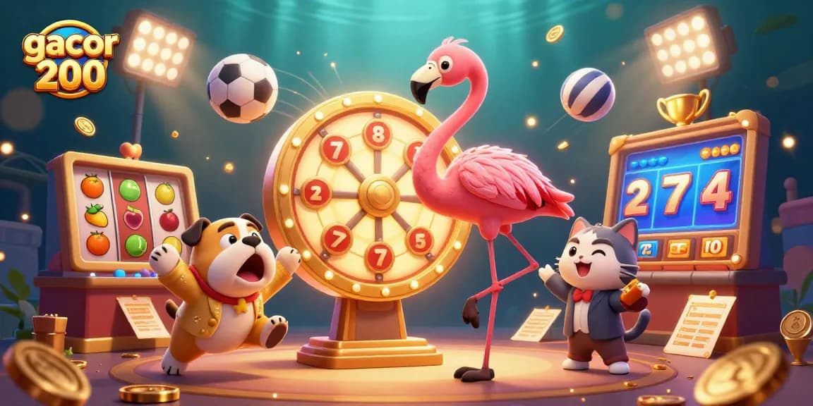 Spin to win with gacor 200 at the exciting slot gaming scene featuring fun characters and vibrant prizes.
