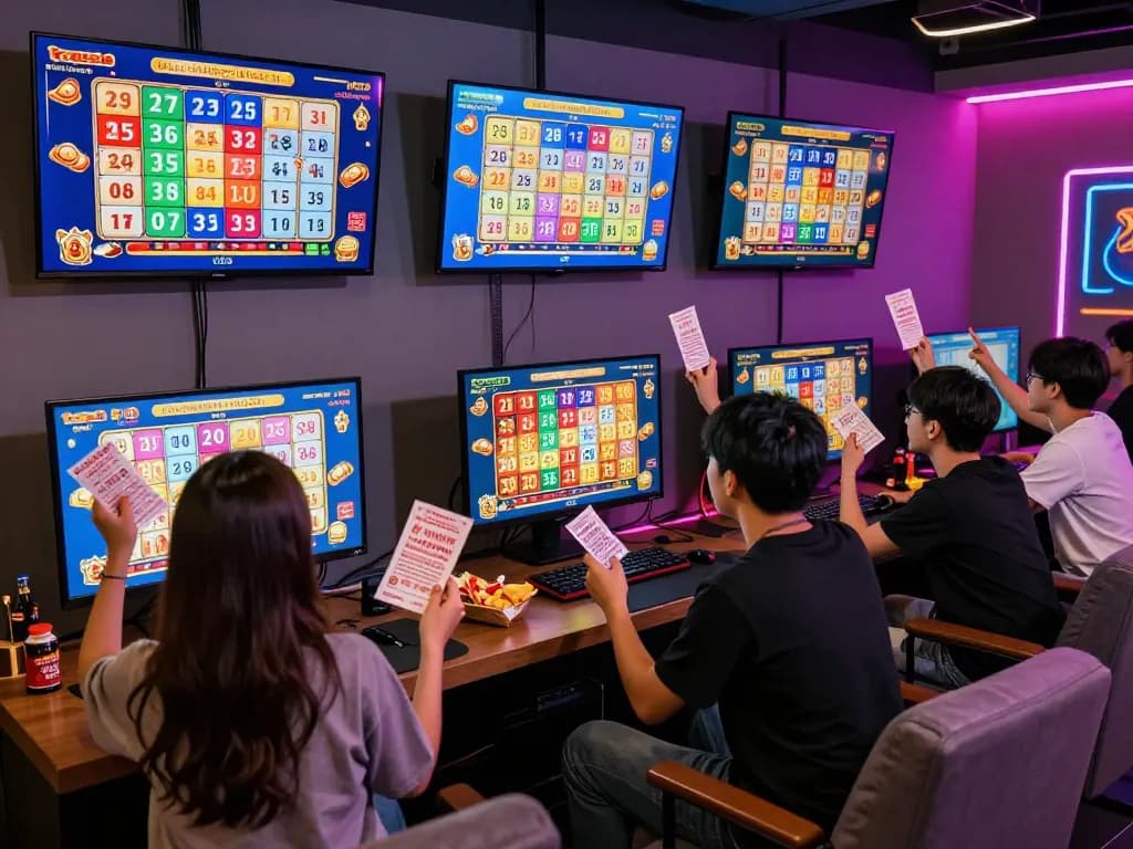 Togel Hongkong players enjoying live lottery draws in a vibrant gaming lounge setting.